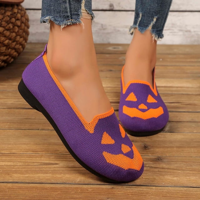 Xucatan Women's Halloween Loafers, Slip On Canvas Shoes with Pumpkin & Spider Web Design, Chunky Sole Comfort Walking Shoes for Fall PartyBreathable Comfortable Party Theme Festival Walking Shoes Gift