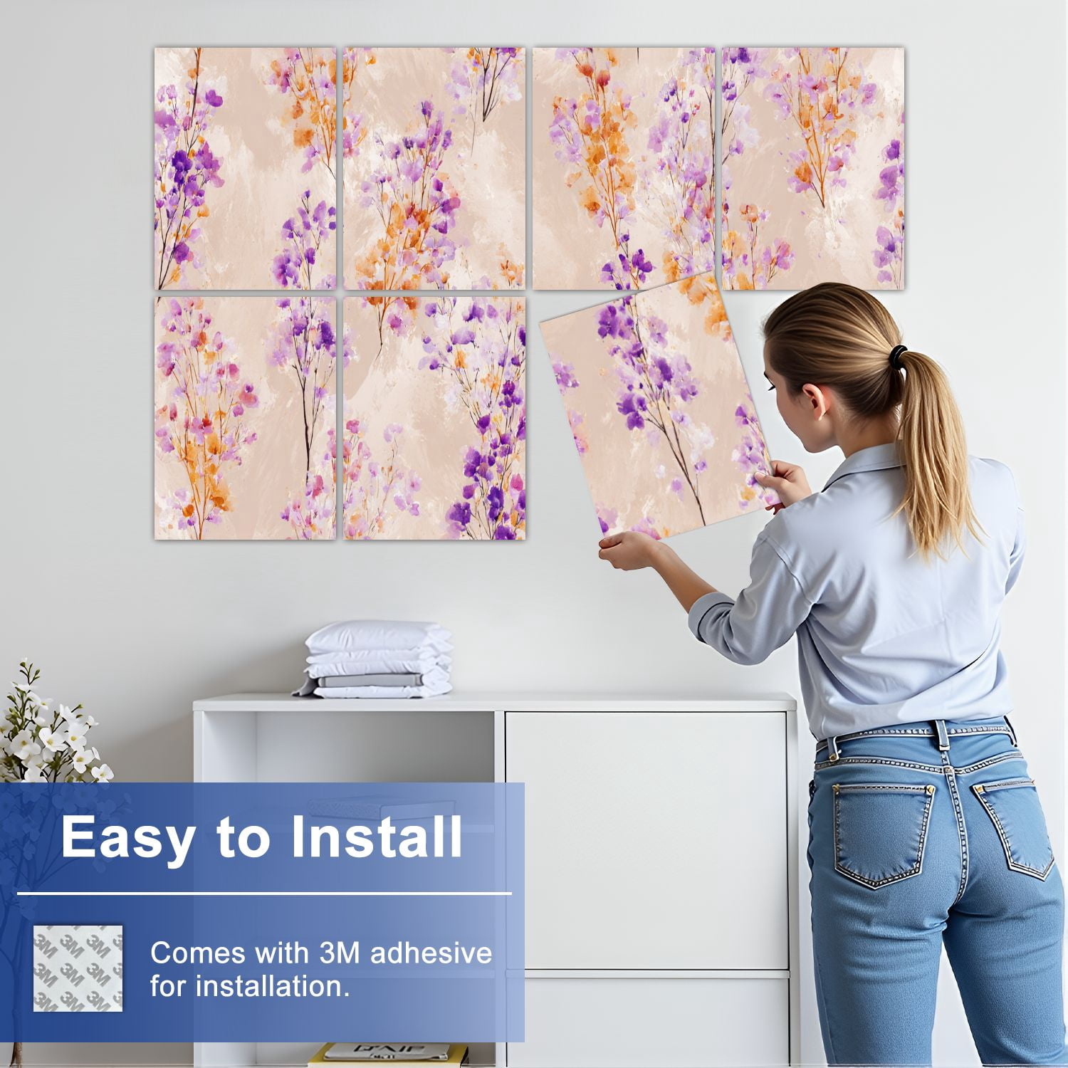 8 Pack Art Acoustic Panels Sound Absorbing Purple Orange Floral Watercolor Effect Beige Decorative Soundproof Wall Panels Self Adhesive for Nursery Game Room Bedroom 48"x32"