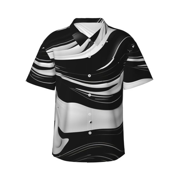 Balery Abstract Black White Swirls Camisas hawaianas de manga corta para hombre, camisas playeras de corte holgado, camisas de vacaciones con botones,Medium