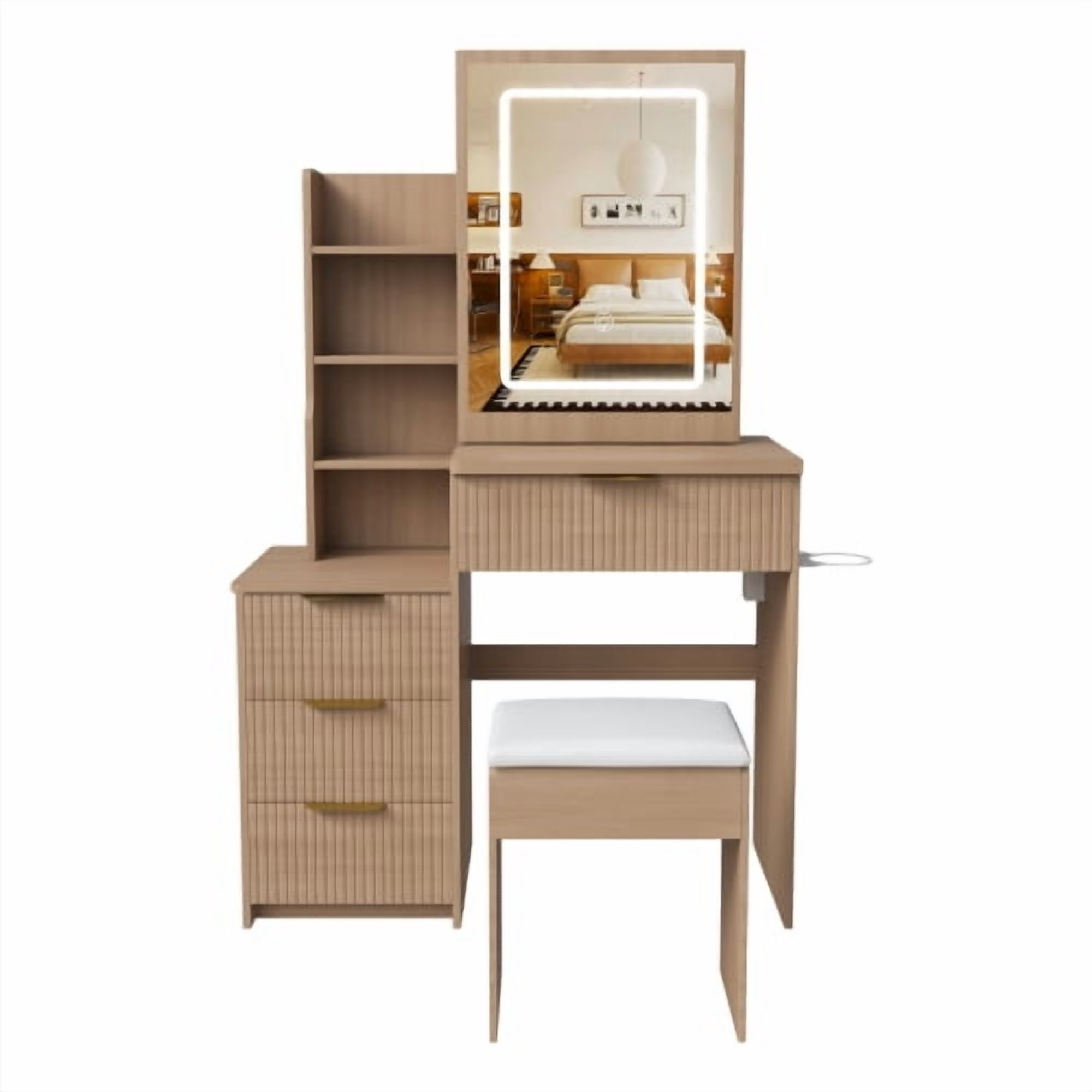 Modern Vanity Desk ,featuring 3 modes of LED lighting with adjustable brightness , with 4 drawers and multiple open storage shelves, with a hair dryer holder and power socket, a dressing chair.