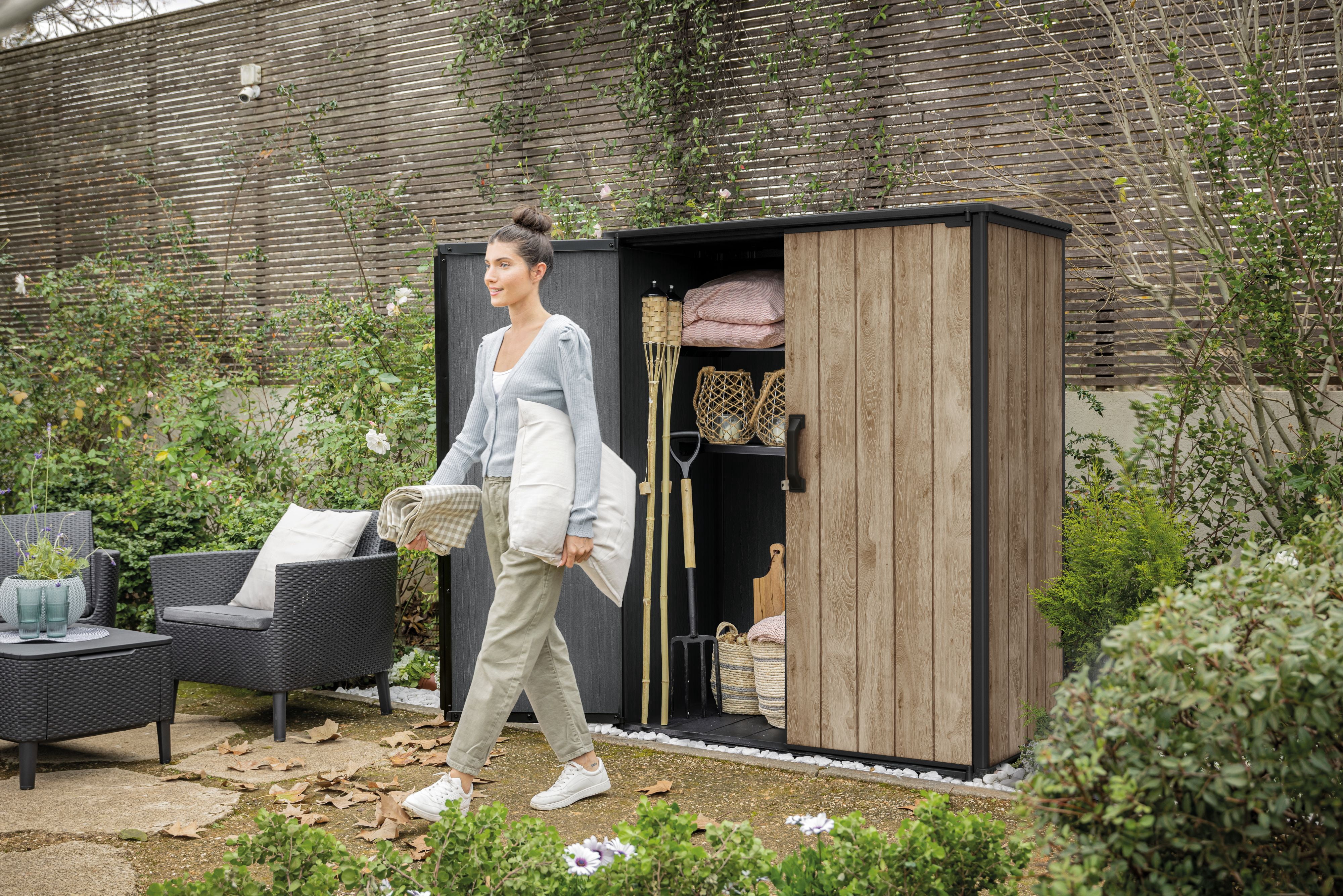 Keter Vertical 4x2 ft. Outdoor Storage Shed, Weatherproof Lockable Double Doors, Ashwood