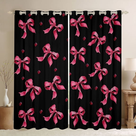 Homewish Black Pink Bowknot Black Out Curtains for Kids, Kawaii Princess Ribbon Curtains Pack of 2 (42x63 Each), Cute Cartoon Bedroom Curtains, Living Room Curtains Decor