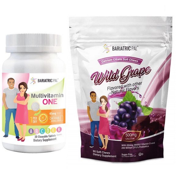 Gastric Band Complete Vitamin Pack - Chewables Size: 1-Month Supply, BariatricPal Multivitamin ONE: Orange Citrus Chewable with 45mg Iron, BariatricPal Calcium Citrate Soft Chews: Wild Grape