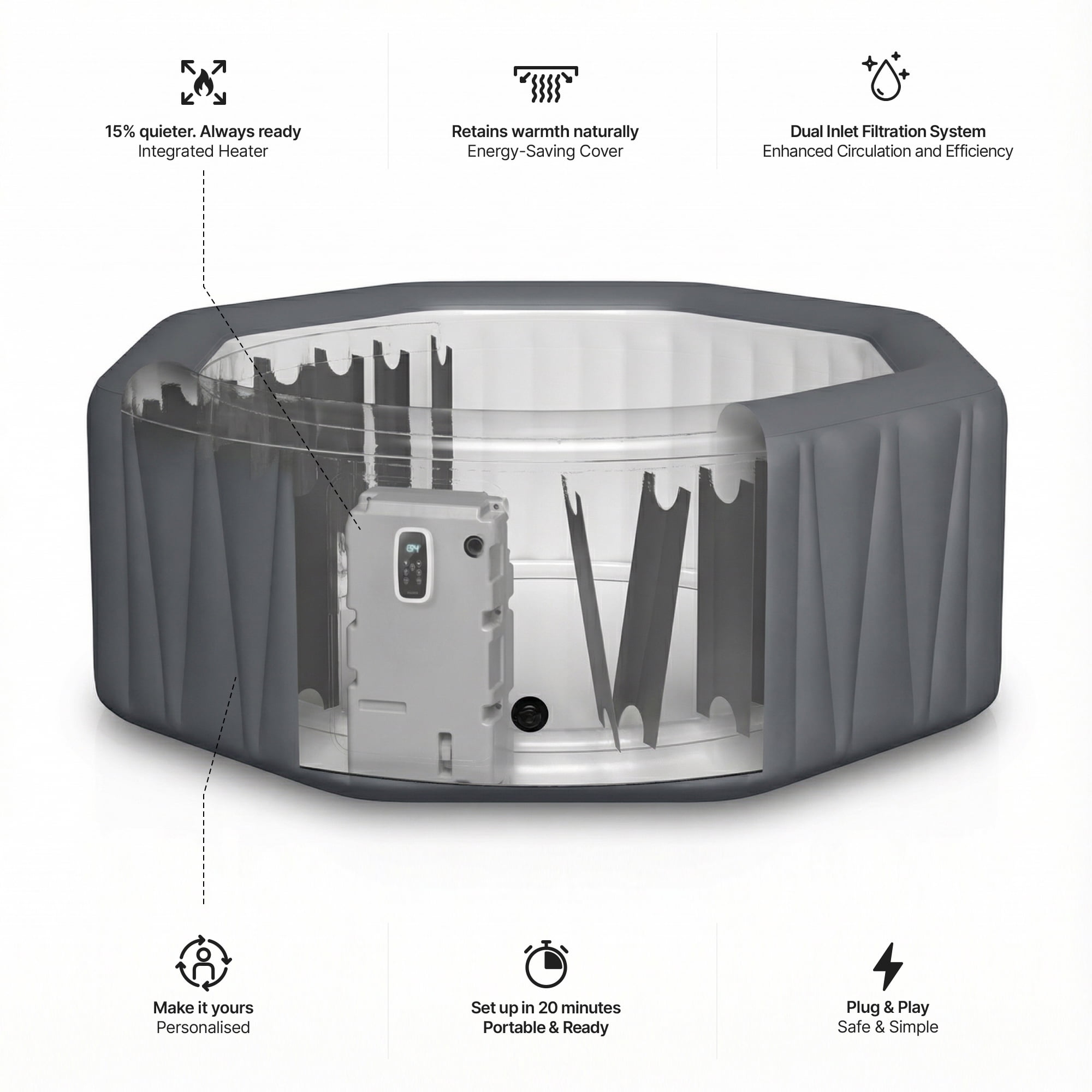 Wave Aegean 6-Person Inflatable Hot Tub | Integrated Eco Heater | 130 Aquajet Massage System | Anti-Freeze Protection | Quick 15-Minute Setup | Navy