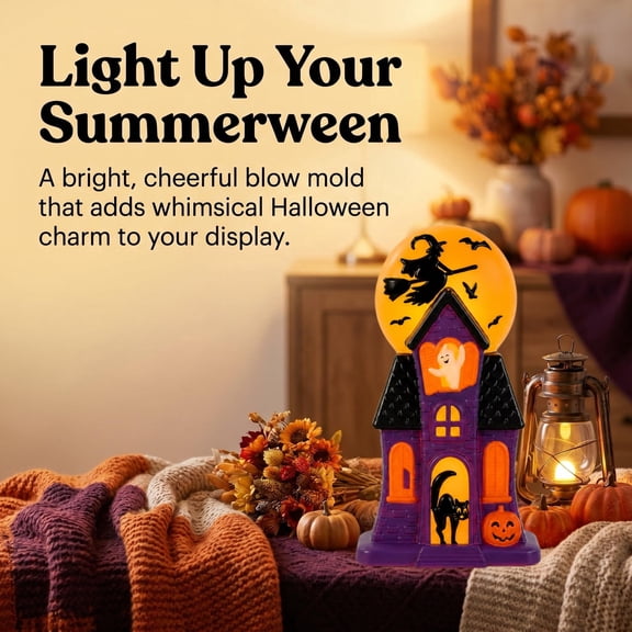 Halloween Lighted Blow Mold Haunted House, Witch Tabletop Decor with Ghost & Black Cat, Vintage Holiday Ornament for Porch Home Display