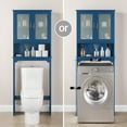 thumbnail image 4 of YYEAN  Over The Toilet Storage Cabinet, Free Standing Toilet Rack with Adjustable Shelves and Tempered Glass Doors for Bathroom Washroom, Navy Blue, 4 of 10