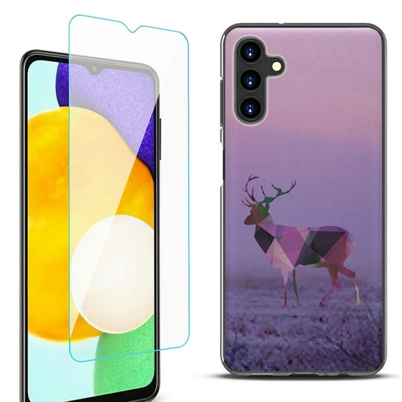 Slim-Fit Protective Fashion Phone Case (Black) for Samsung Galaxy A13 5G, with Tempered Glass Screen Protector, by OneToughShield ® - Deer/Polygon