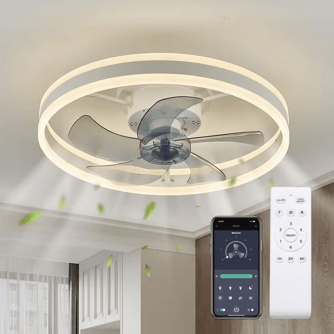 20 in. LED Indoor White Ceiling Fan with Dimmable Lighting Low Profile ...