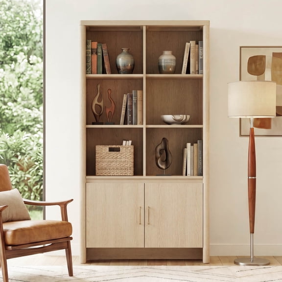 Spruce & Spring 59.3" Tall Bookshelf with Storage, 2-Door 6-Cube Library Bookcase with Adjustable Shelves, Modern Cabinet for Living Room Dining Room Office Hallway, Oak