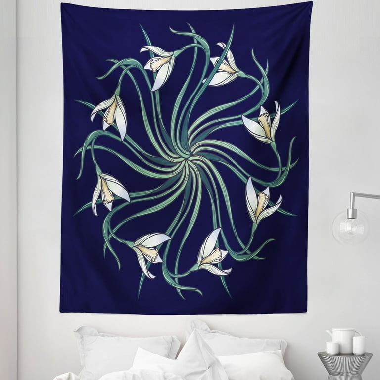 Flower Tapestry Art Nouveau Floral Design on Indigo Background Nature Theme Fabric Wall Hanging Decor for Bedroom Living Room Dorm 5 Sizes Indigo
