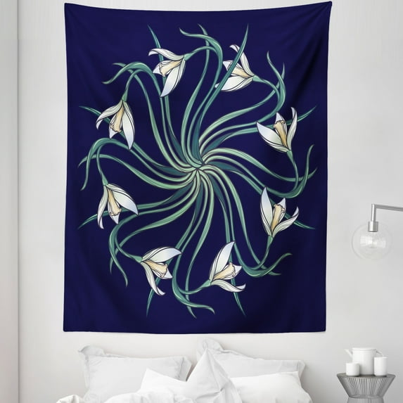 Flower Tapestry, Art Nouveau Floral Design on Indigo Background Nature Theme, Fabric Wall Hanging Decor for Bedroom Living Room Dorm, 5 Sizes, Indigo Pale Green, by Ambesonne