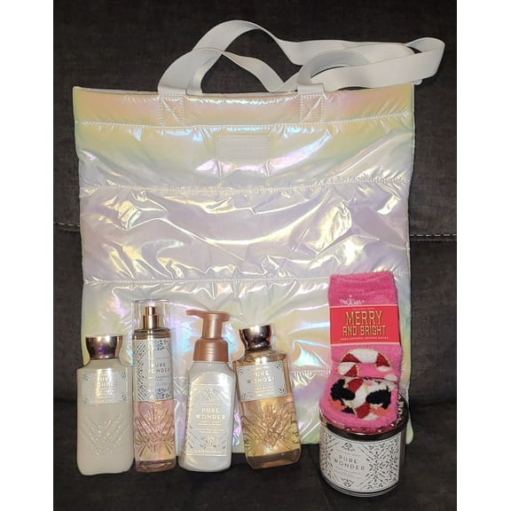 Bath & Body Works Perfumed Pure Wonder 7 Piece Gift Set for Women includes Limited Edition Irridescent White Tote Bag
