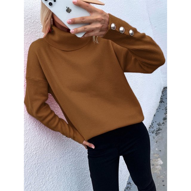 Suéter de punto con cuello alto y botones a rayas para otoño e invierno, estilo europeo y americano, color sólido, informal, suelto, de talla grande para mujer