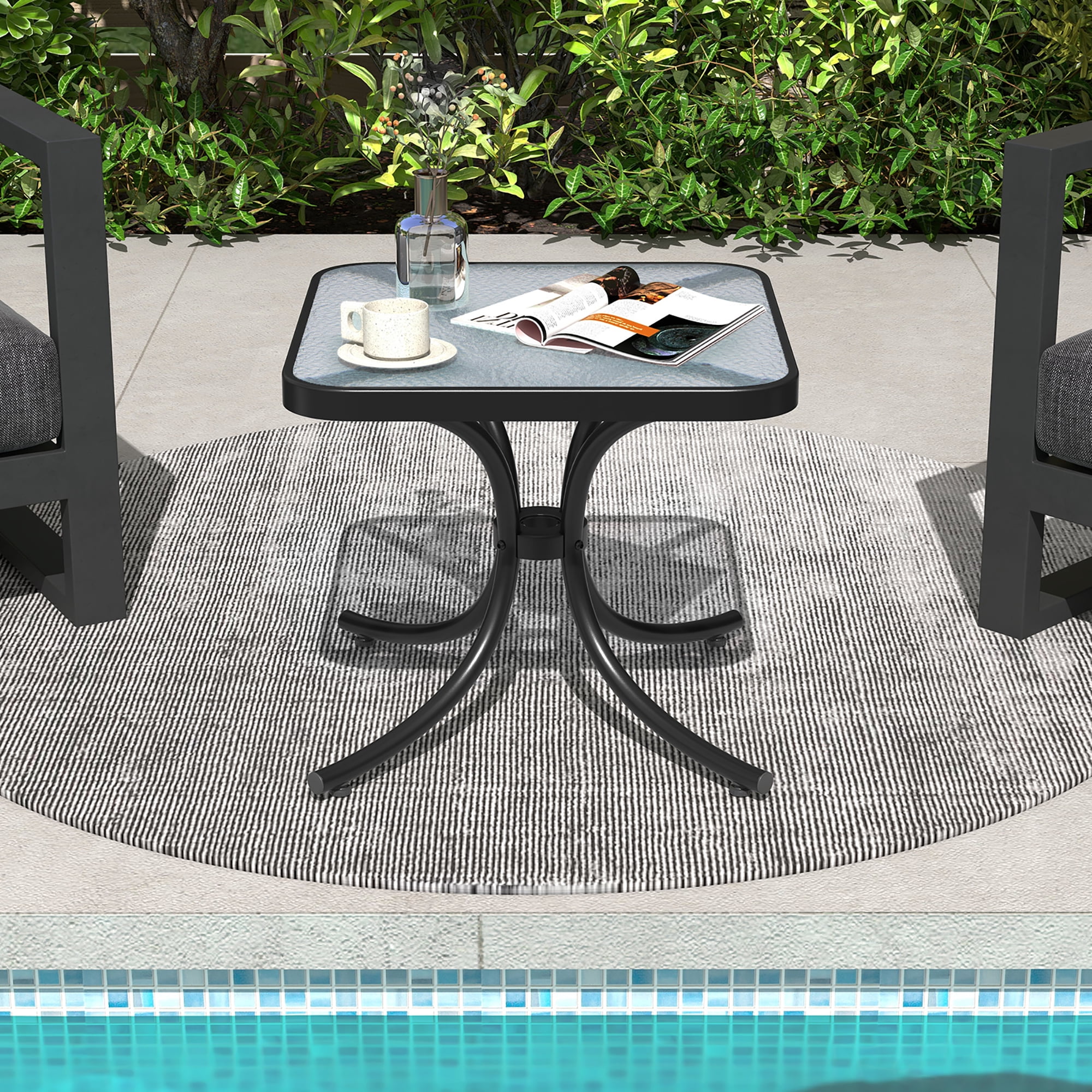 Gymax Outdoor Side Table Square Patio Table w/ Tempered Glass Top Small Coffee Table