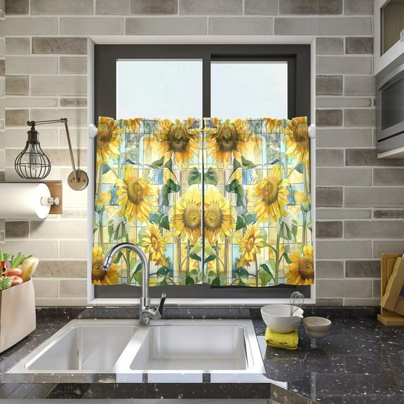 Sunflowers and Lattice Kitchen Curtains Half Tier Curtain 2 Rod Pockets Bathroom Bedroom Cupborad Living Room 27"x24"