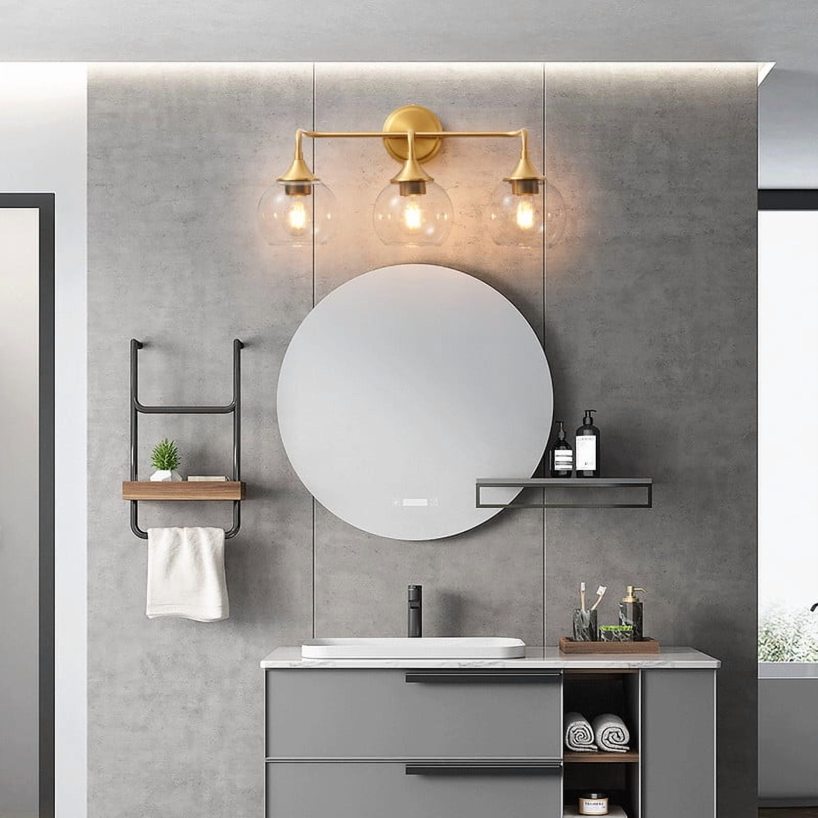 Bathroom Light Fixtures 3 Light Bathroom Vanity Light with Clear Glass Shade, 22 inch Bathroom Light Fixtures Over Mirror, Black and Gold Vanity Lights for Bathroom (Exclude E26 Bulb)
