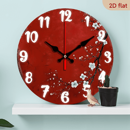 10Inch Non-Ticking Silent Wall Clock - Japanese Floral Decor with Red Background Cherry Blossoms, Battery-Powered (AA Not Included) - Elegant Wooden Clock for Living Room, Bedroom, Perfect