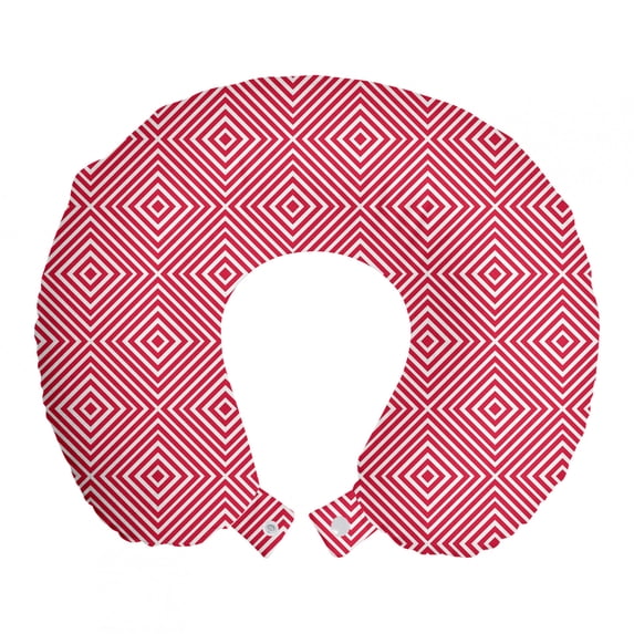 Abstract Travel Pillow Neck Rest, Geometric Linear Rhombuses Pattern with Psychedelic Effects Minimal Art, Memory Foam Traveling Accessory Airplane and Car, 12", Dark Pink and White, by Ambesonne