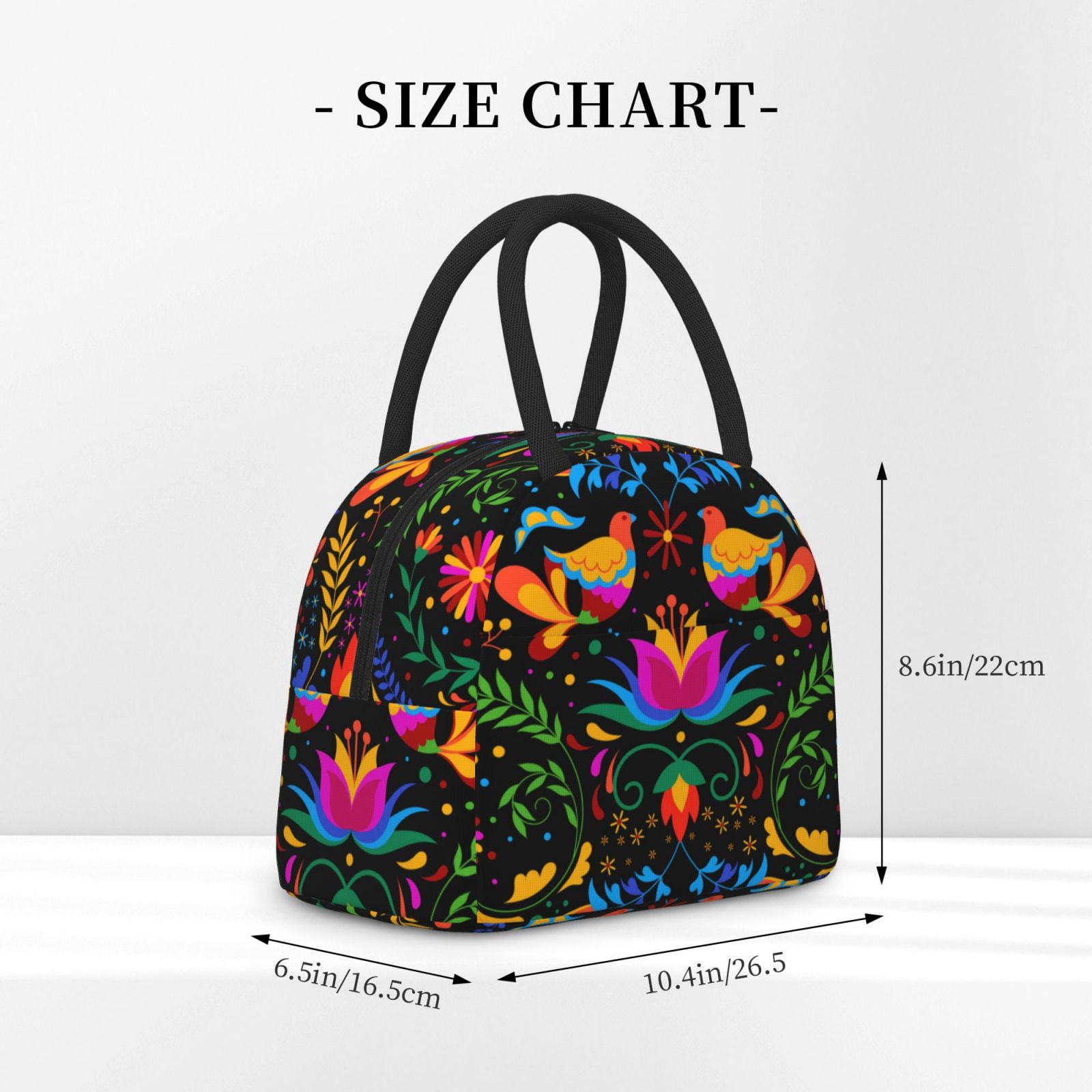 Horeoi Mexican Flower Traditional1 Pattern Large Insulated Lunch Bag for Work, School, Picnic - Waterproof, Durable Oxford Cloth, Comfortable Handle-Black
