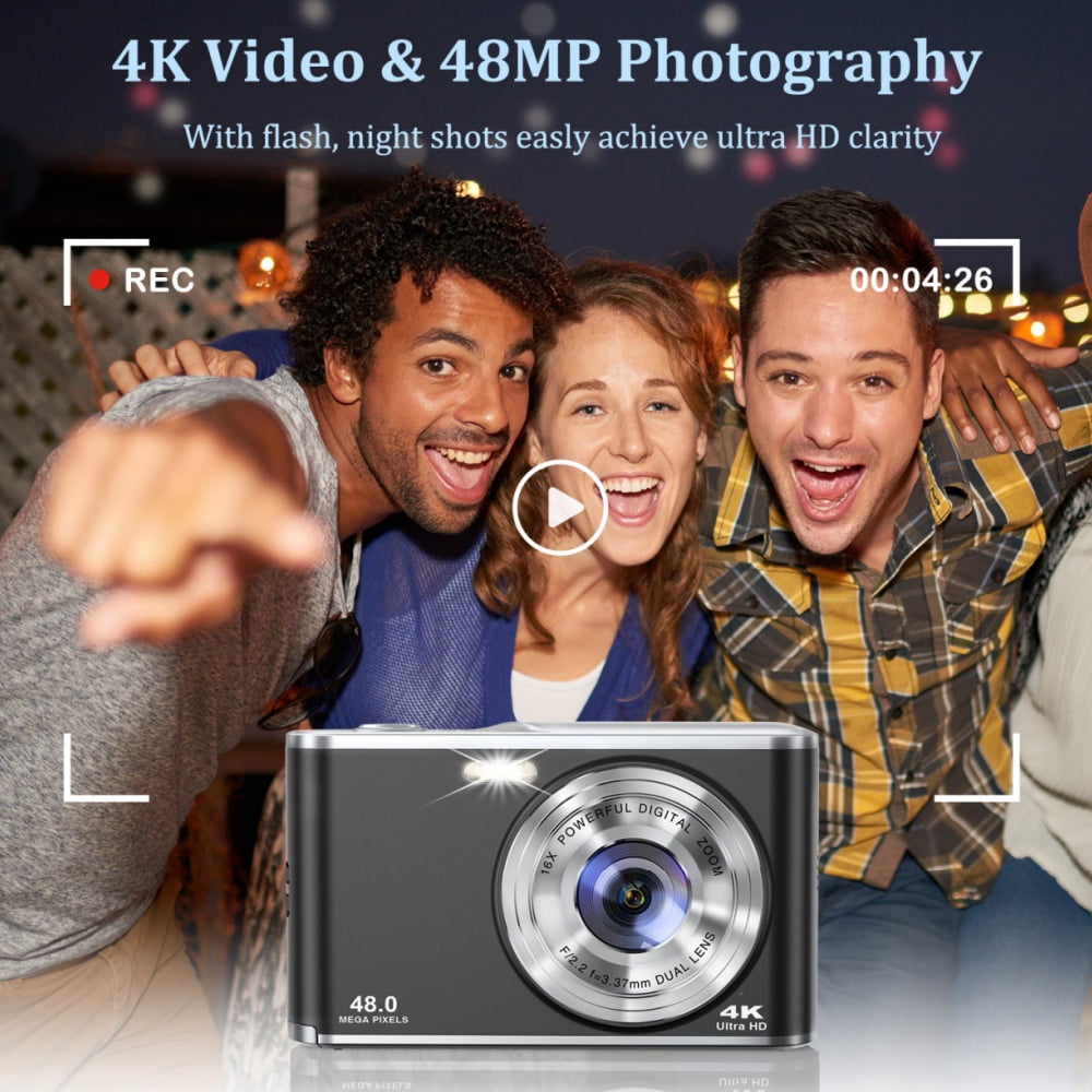 Digital Camera,4K 48 MP Auto Focus Camera Selfie with Front and Rear Dual Lens with 32GB Card and 1 Batteries,16x Digital Zoom,Mini Travel Blog Camera for beginners