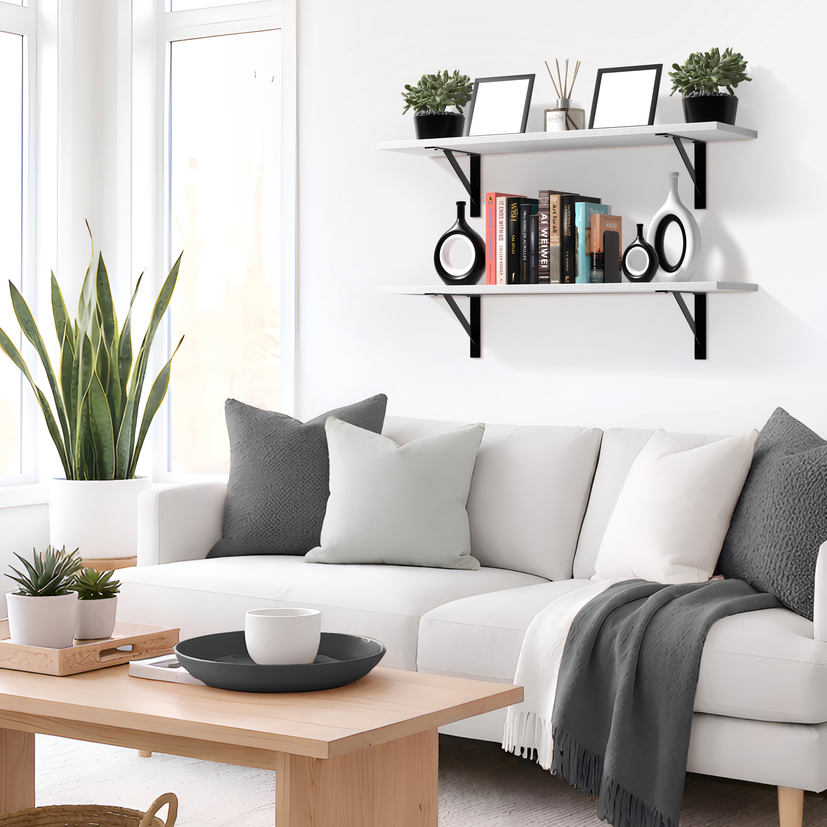 Sorbus 31.5 in Wood Wall Shelves with Black Metal Brackets, White, 2-Piece Set