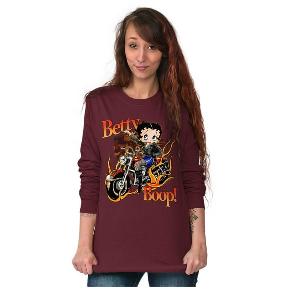 Biker Betty Boop Flaming Motorcycle Women's Long Sleeve T Shirt Brisco Brands S