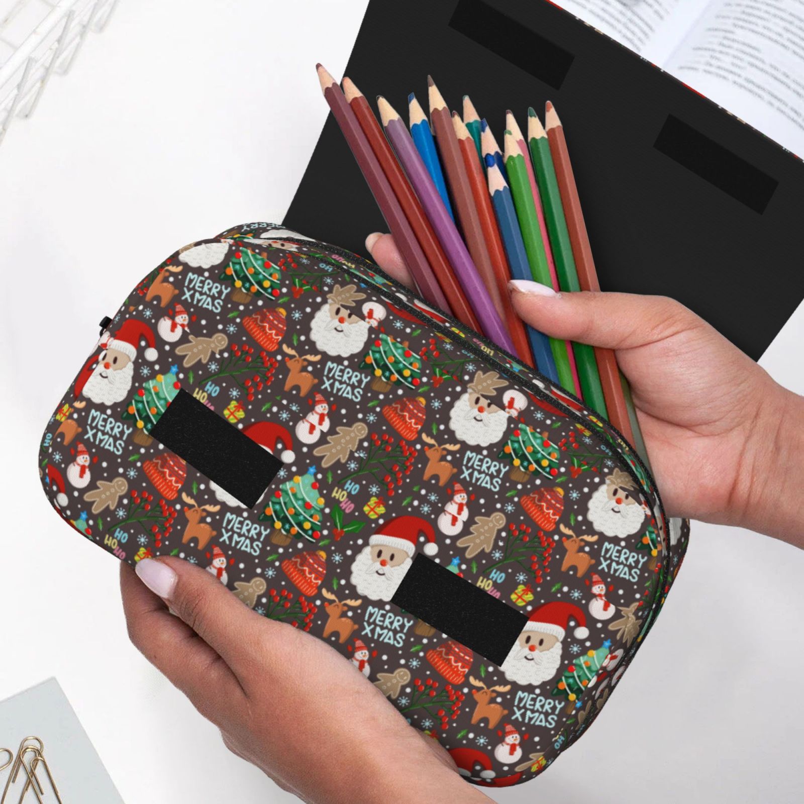 Rateoe Merry Christmas Pattern Double Clamshell Pen Case, Storage Organizer with Two Zipper Compartments– Holds Up to 50 Pencils & Pens