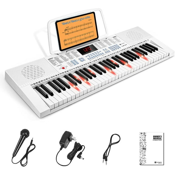 Vangoa VGK611 Electronic Keyboard Piano, 61-Lighted Mini Key Electric Piano Keyboard with 3 Teaching Mode, Microphone, 350 Tones, 350 Rhythm, 30 Demo Songs, 8 Percussion, White