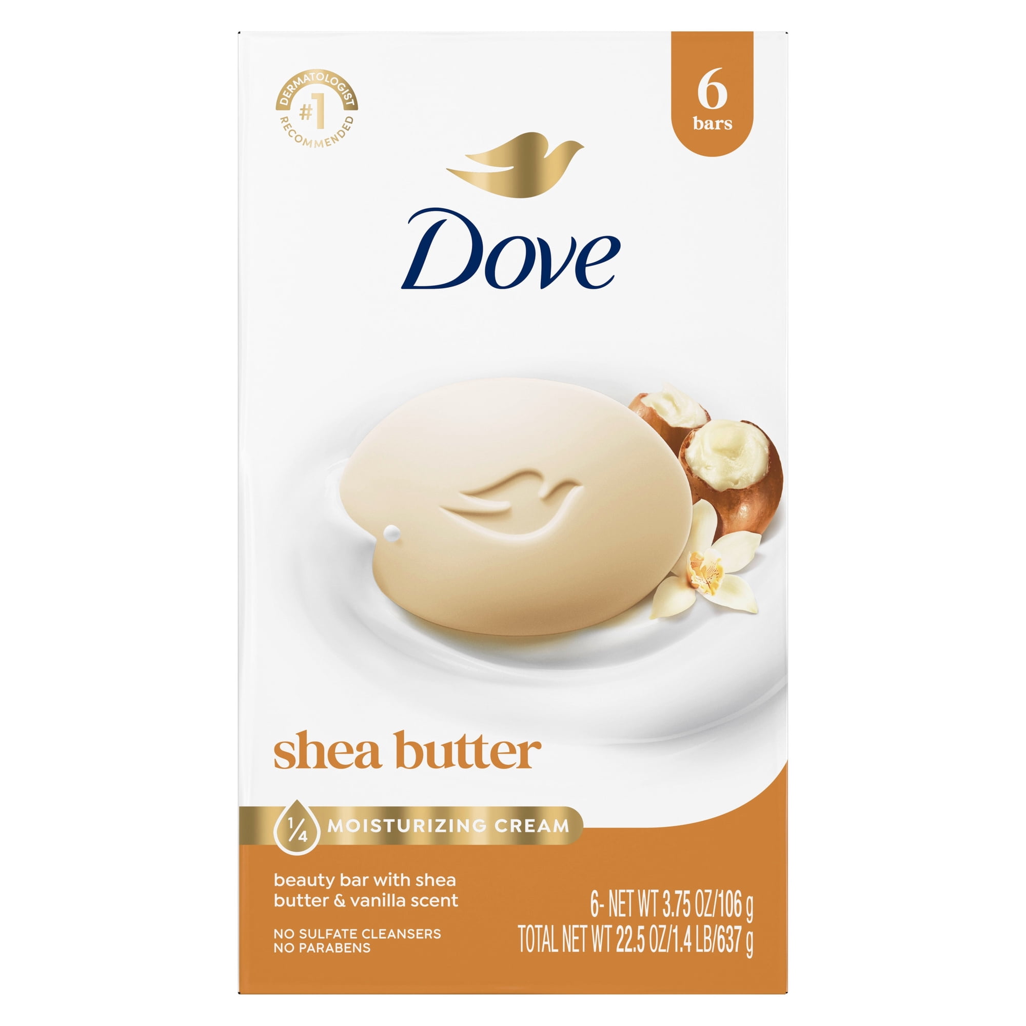 Dove Beauty Bar Soap For Nourished, Radiant Skin, Shea Butter, Enriches Skin, 3.75 oz 6 Bars