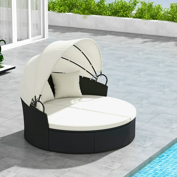 Gymax Patio Round Daybed Wicker Daybed w/ Retractable Canopy Separated Seating Sectional Sofa Black & White