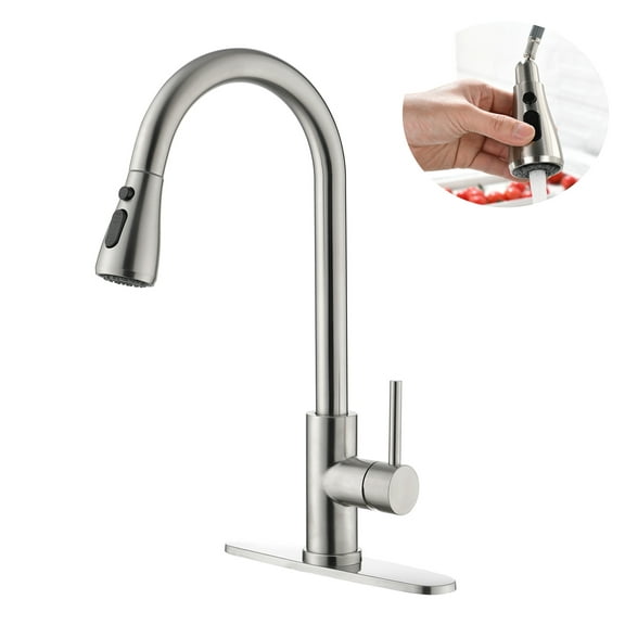 Single Handle Pull Out Kitchen Faucet, Brushed Nickel High Arc Single Level Stainless Steel Kitchen Sink Faucets with Pull Down Sprayer Deck Plate, Commercial Modern RV Home Improvement