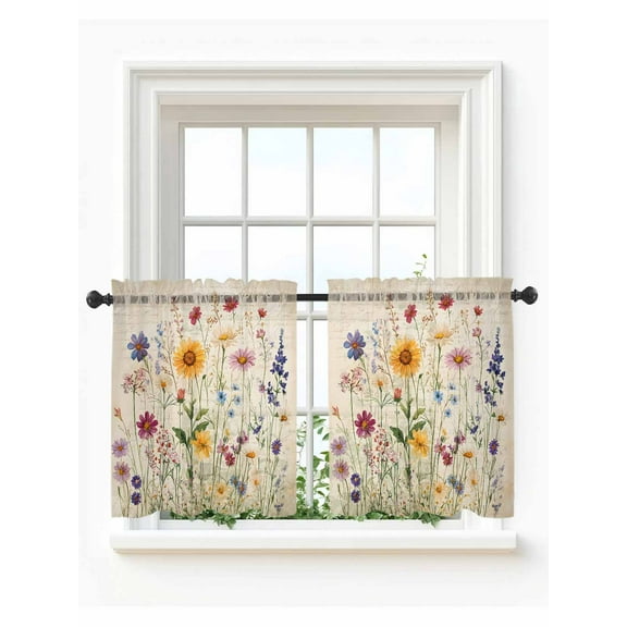 Botanical Floral Tier Curtains 24 Inch Length,Sheer Curtains for Bedroom Living Room,Retro Purple Pink Yellow Wildflowers Rod Pocket Voile Drapes Kitchen Curtains for Small Window 27.5"x24" 2 Panels