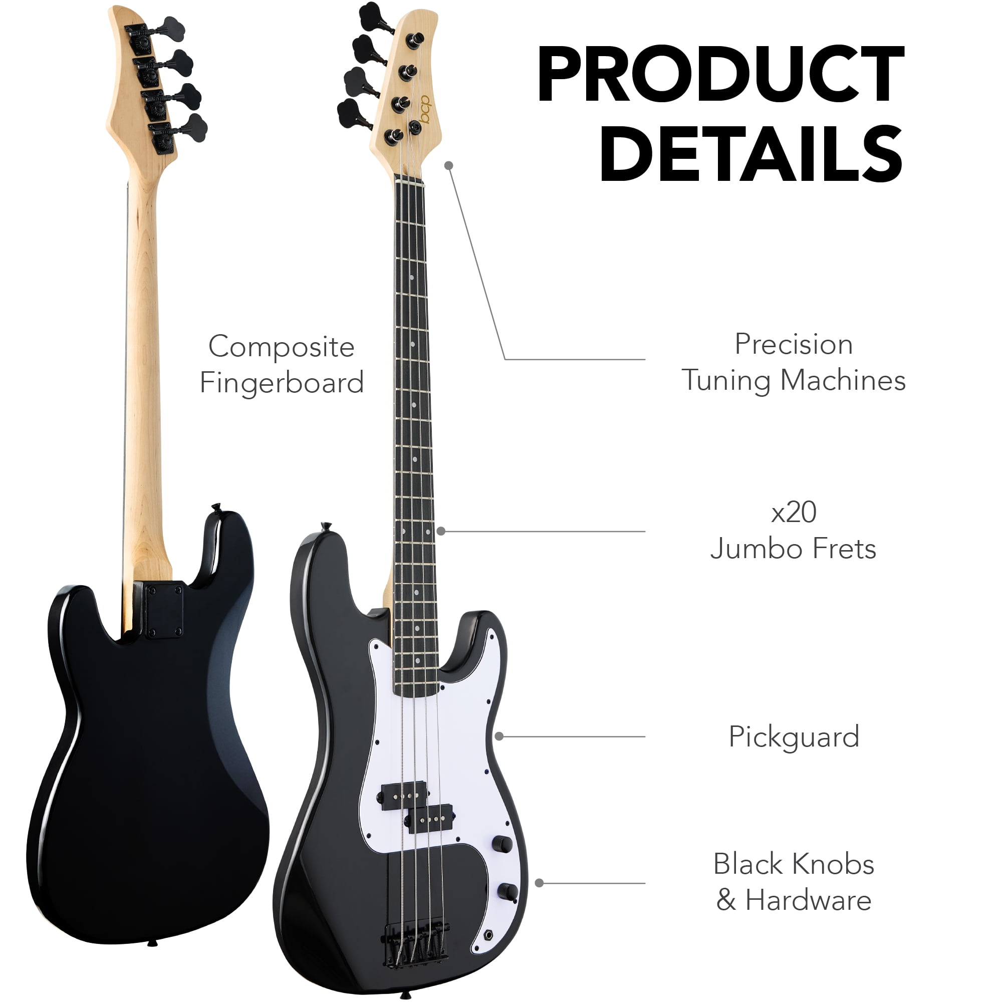 Best Choice Products Full Size Beginner 4-String Electric Guitar Bass Guitar w/ Padded Case - Black/White