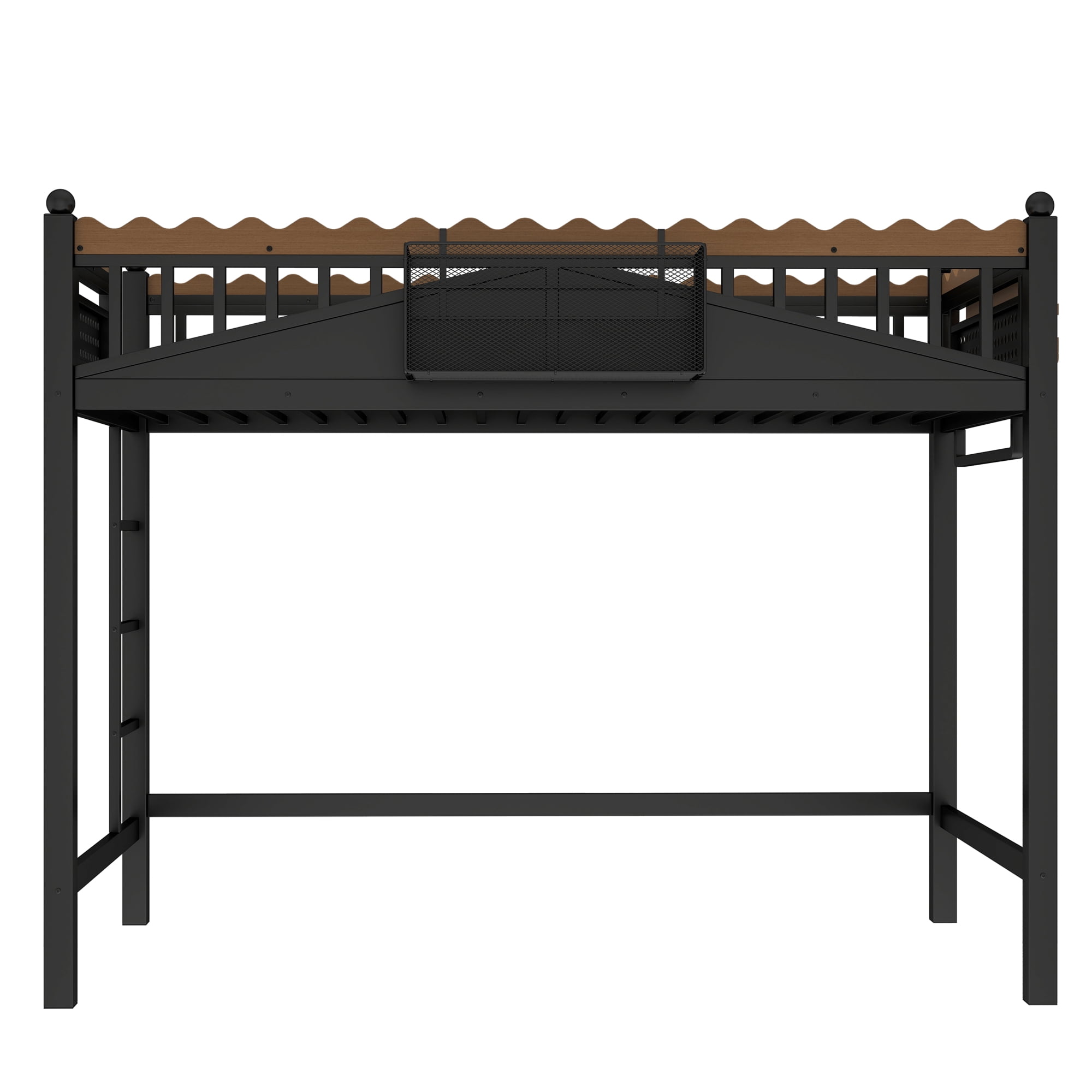 Twin XL Size Loft Bed with Ladder & Bookshelf, Metal Loft Bed Frame with Storage Shelves, Space-Saving Loft Bed for Dorms, Small Bedroom, Black