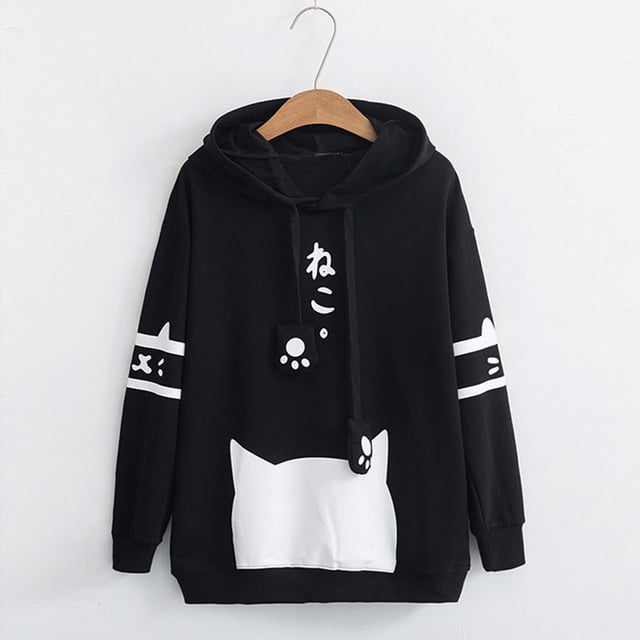 Puntoco Mujer Casual Manga Larga Kitty Cat Print Pocket Thin Hoodie Blusa top Bk/M Puntoco Puntoco-3818
