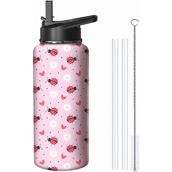 18oz Ladybug Water Bottle with Handle and Flip Straw, Animal Sports Stainless Steel Insulated Cup Travel Coffee Mug Tumbler, Birthday Mothers Day Chritmas Gifts for Women