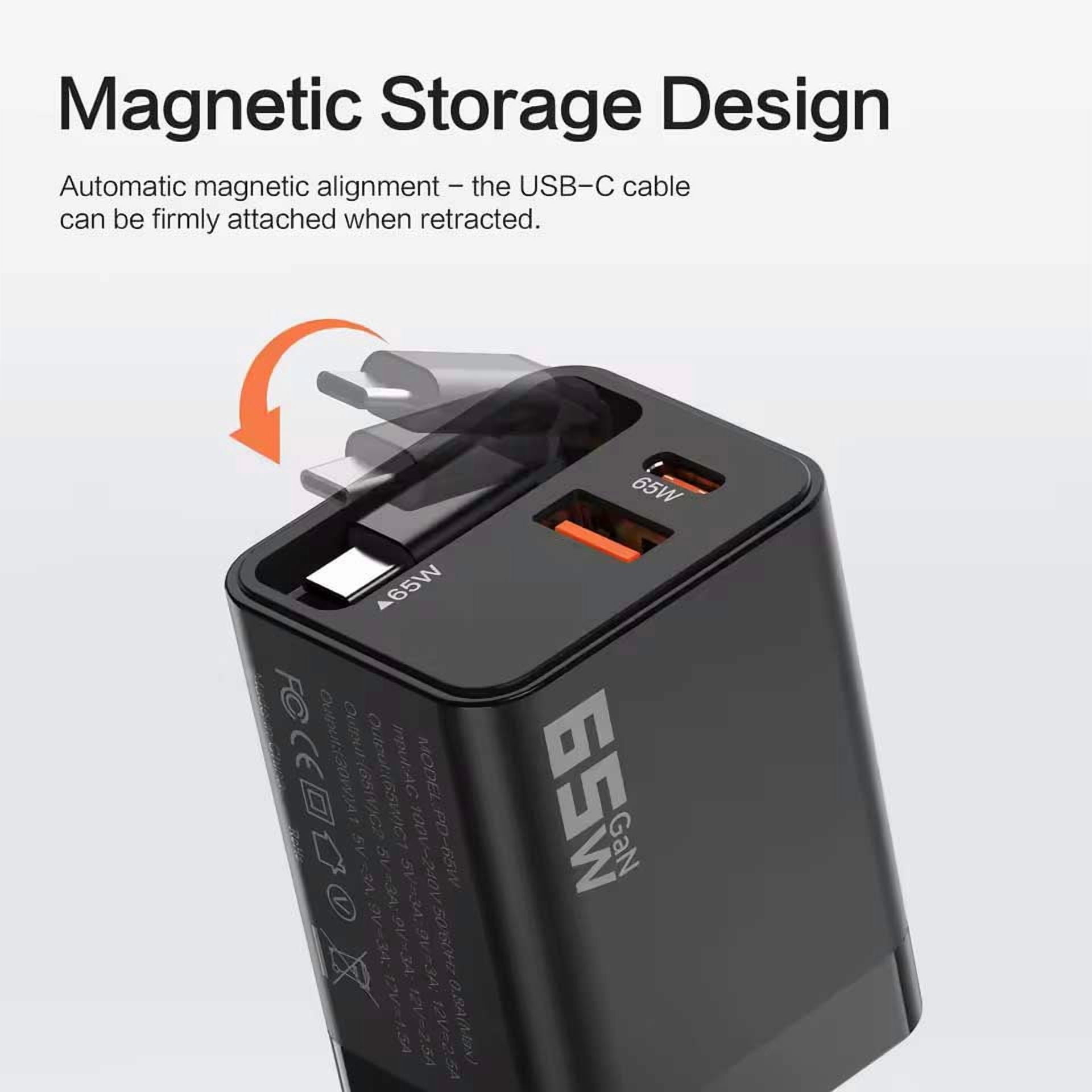 65W PD Home Charger Compatible With Motorola Moto G Play (2021,2023,2024,2026) - Fast Type-C 2ft Retractable Cable USB-C Built-in Power Cord QC3.0