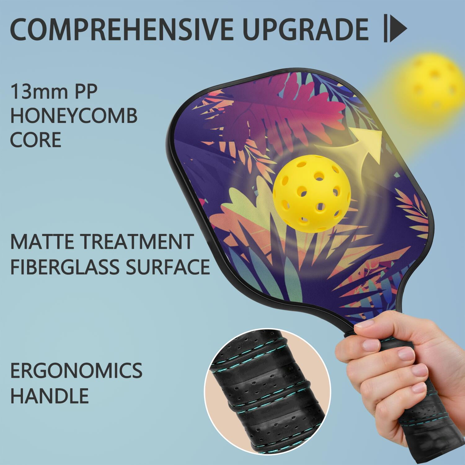 Pickleball Paddles Set Of 1, Fiberglass Surface, Tropical Leaf Print, 1 Paddle, 2 Balls & Bag