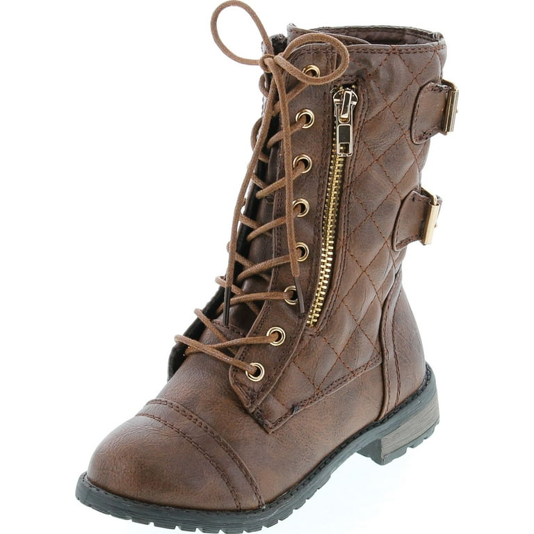 Buckle Decor Genuine Leather Motorcycle Boot New Round Toe Lace-Up