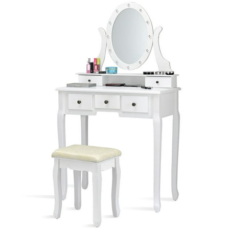 Gymax 5 Drawers Vanity Makeup Dressing Table Stool Set Lighted Mirror W 12 Led Bulbs