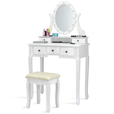 Gymax 5 Drawers Vanity Makeup Dressing Table Stool Set Lighted Mirror W/12 LED