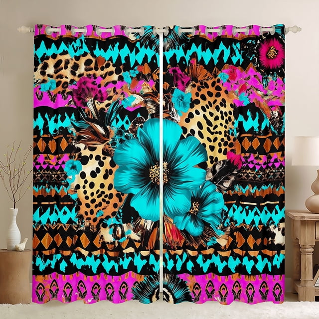 YST Boho Flower Window Curtains 38"Wx45"L Western Aztec Curtains & Drapes Floral Leopard Print Blackout Curtains For Kids Boys Girls,Abstract Geometric Pattern Window Treatments 2 Panels