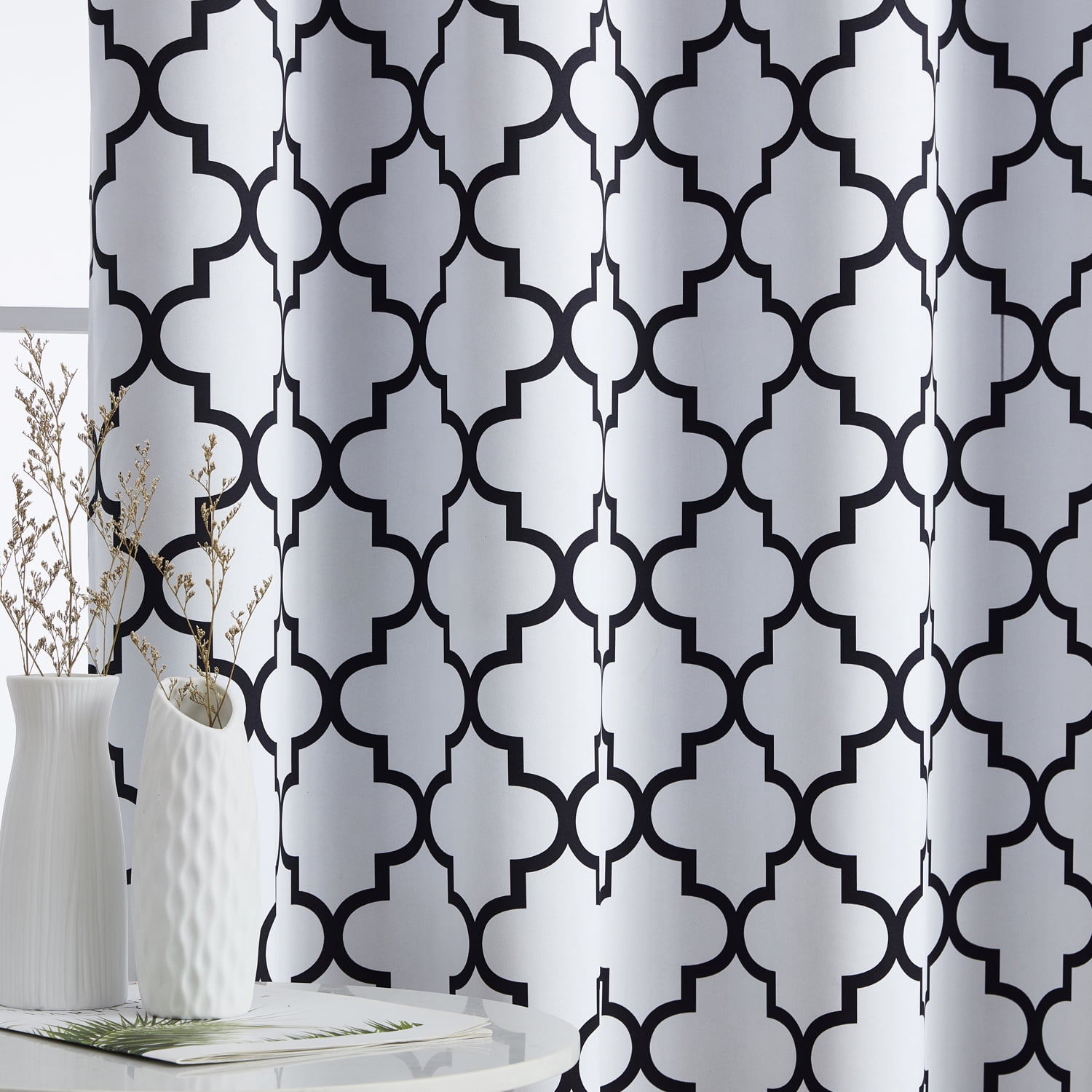 THD Moroccan Trellis Lattice Decorative Blackout Thermal Privacy Room Darkening Grommet Window Drapes Curtain Panels for Bedroom - Set of 2 (Platinum White Black, 37 W x 72 L)