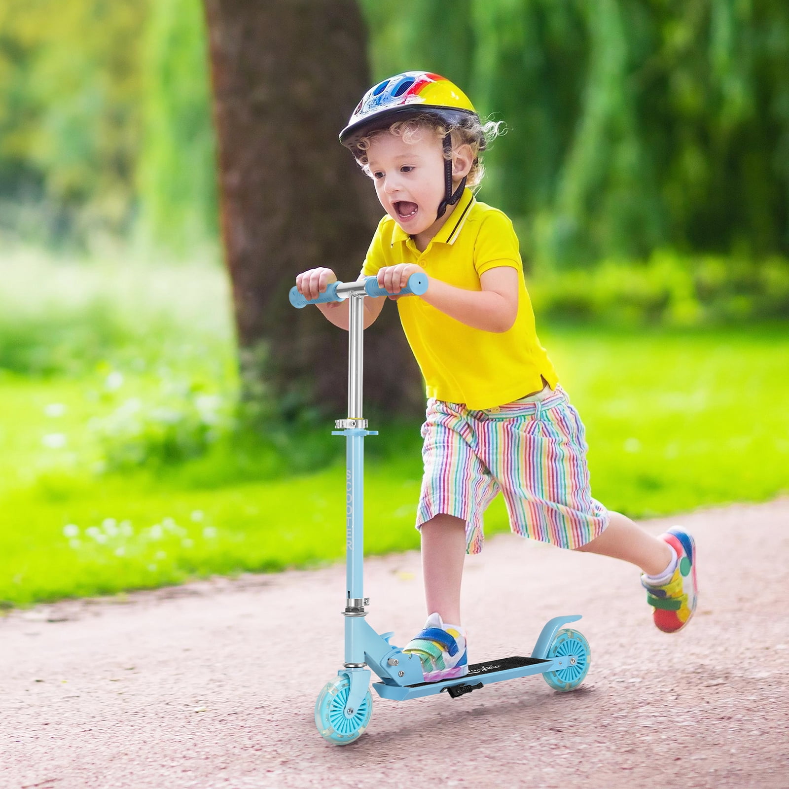 Scooter With 2 Wheels, for Kids Ages 6+, Kickstand Foot Support, Adjustable Height & Foldable, Light Blue