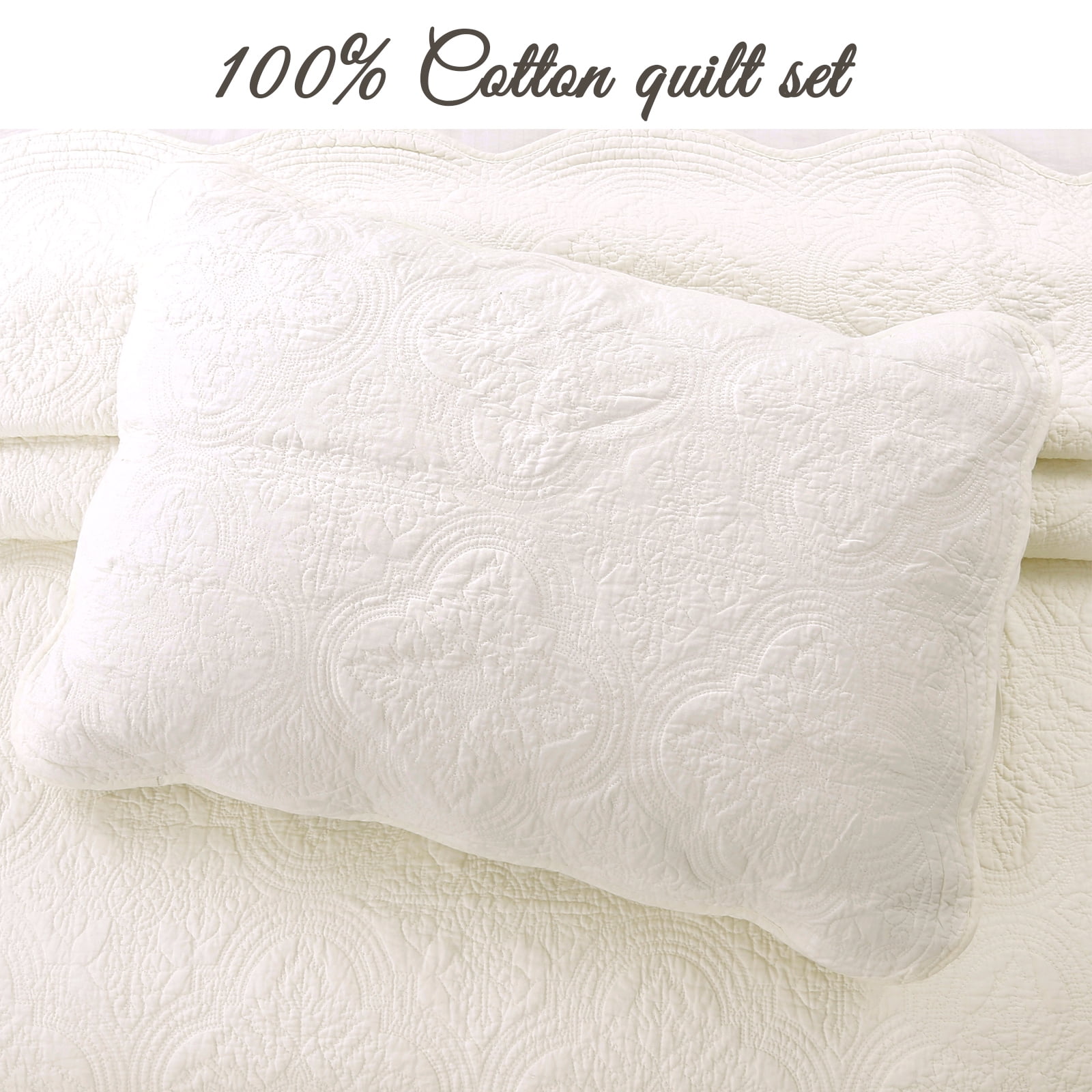 Cozy Line Victorian Medallion Matelasse Scalloped Edge 100% Cotton 3-Piece Ivory Cream Quilt Bedding Set, Queen