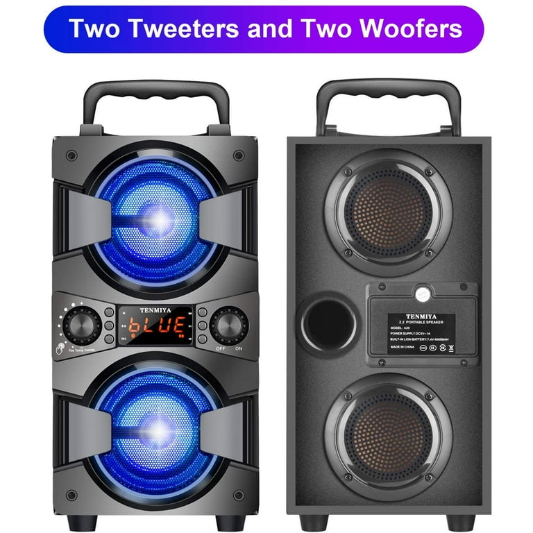 60W Bluetooth Speakers Portable Wireless Speaker with Double Subwoofer  Heavy Bass, FM Radio, Microphone, Lights, Remote EQ, Loud Boom Box Stereo  Sound