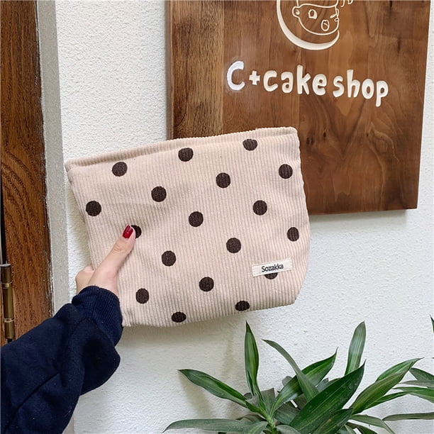 Bolsa de maquillaje, bolsa de cosméticos, bolsa de maquillaje grande para mujer, bolsa de cosméticos de pana con lunares, almacenamiento retro, bolsa de lavado, llave, billetera para teléfono móvil, e