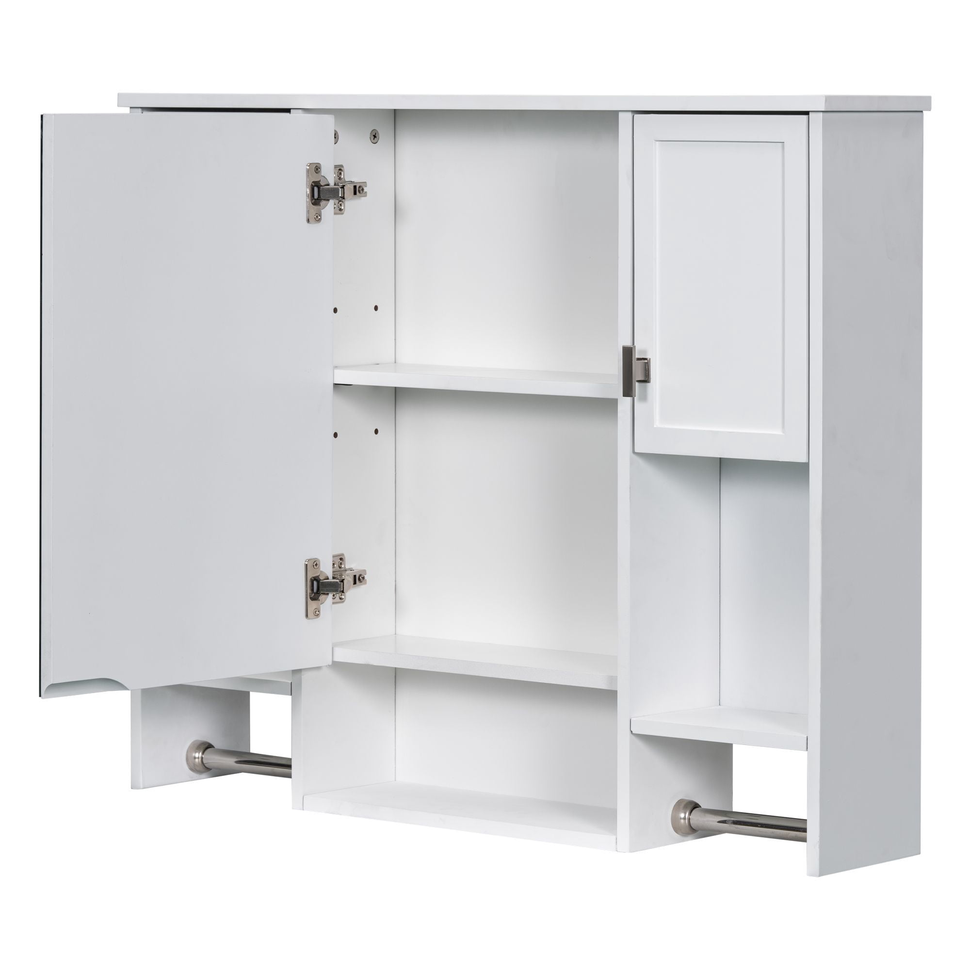 DEALTOPS Stylish Wall Mounted Bathroom Mirror Cabinet with Open Shelves and Towel Racks, White