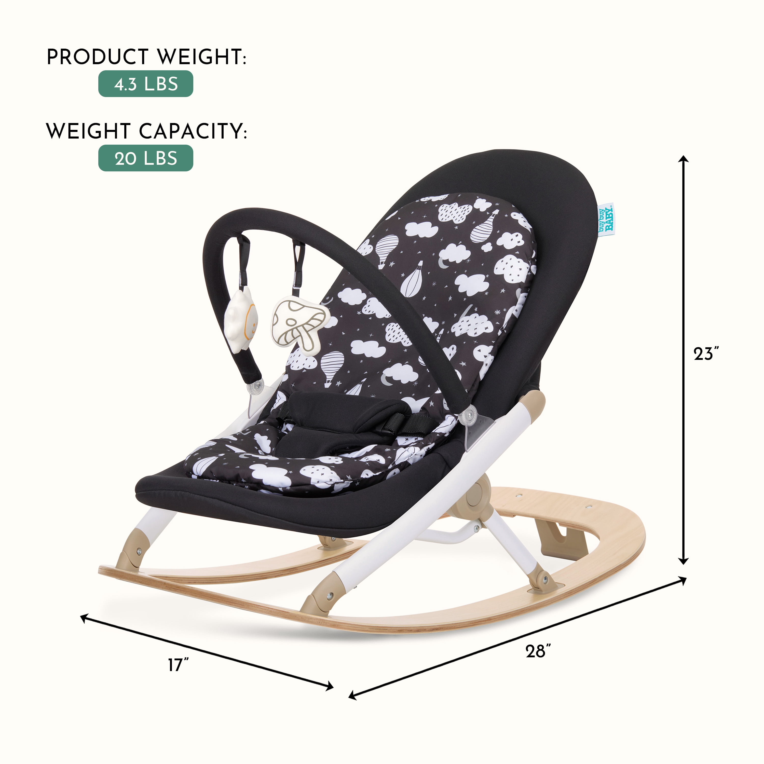Dream On Me SleekSway Portable Rocker Chair, Black White, Adjustable Baby Bouncer