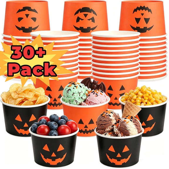Halloween Cups, Summer Halloween Ice Cream Paper Cups, Disposable Cute Jack-o-lantern Treat Orange Cups for Beach Party Supplies, 10 Pack